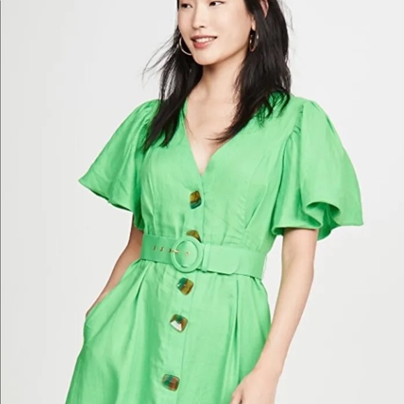 NICHOLAS Troy Dress Green Linen Midi Button Front Puff Sleeves US 4 Small - Picture 6 of 16